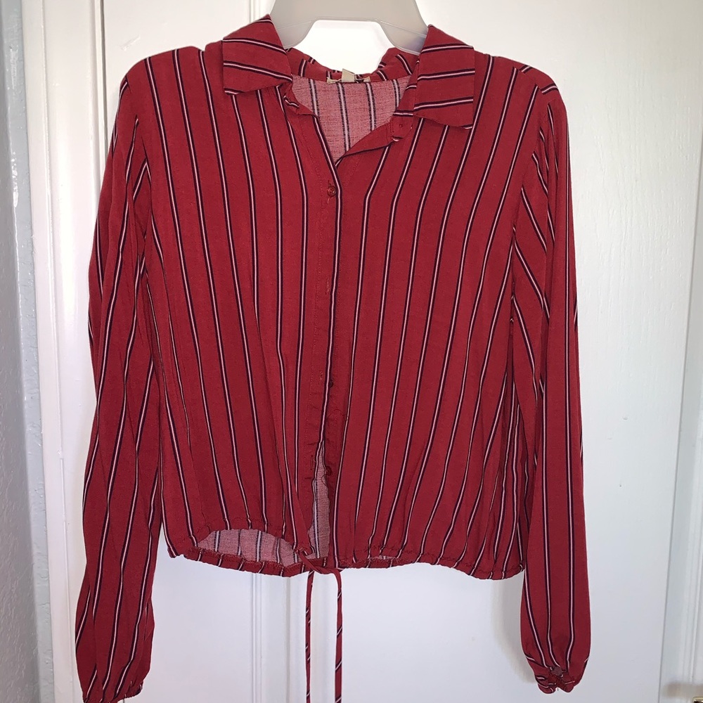 Red and White Striped with Blue Button Up Shirt